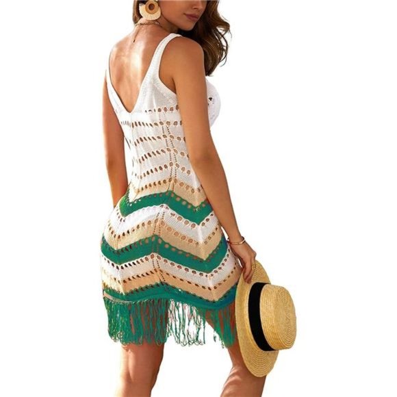 WOMEN'S Crochet Cover Up Sexy Green Beige Stripe - Picture 5 of 6